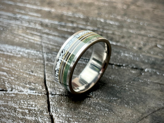 Titanium Custom Fly Fish / Guitar / Bush Pig Tusk Inlay Ring 8mm