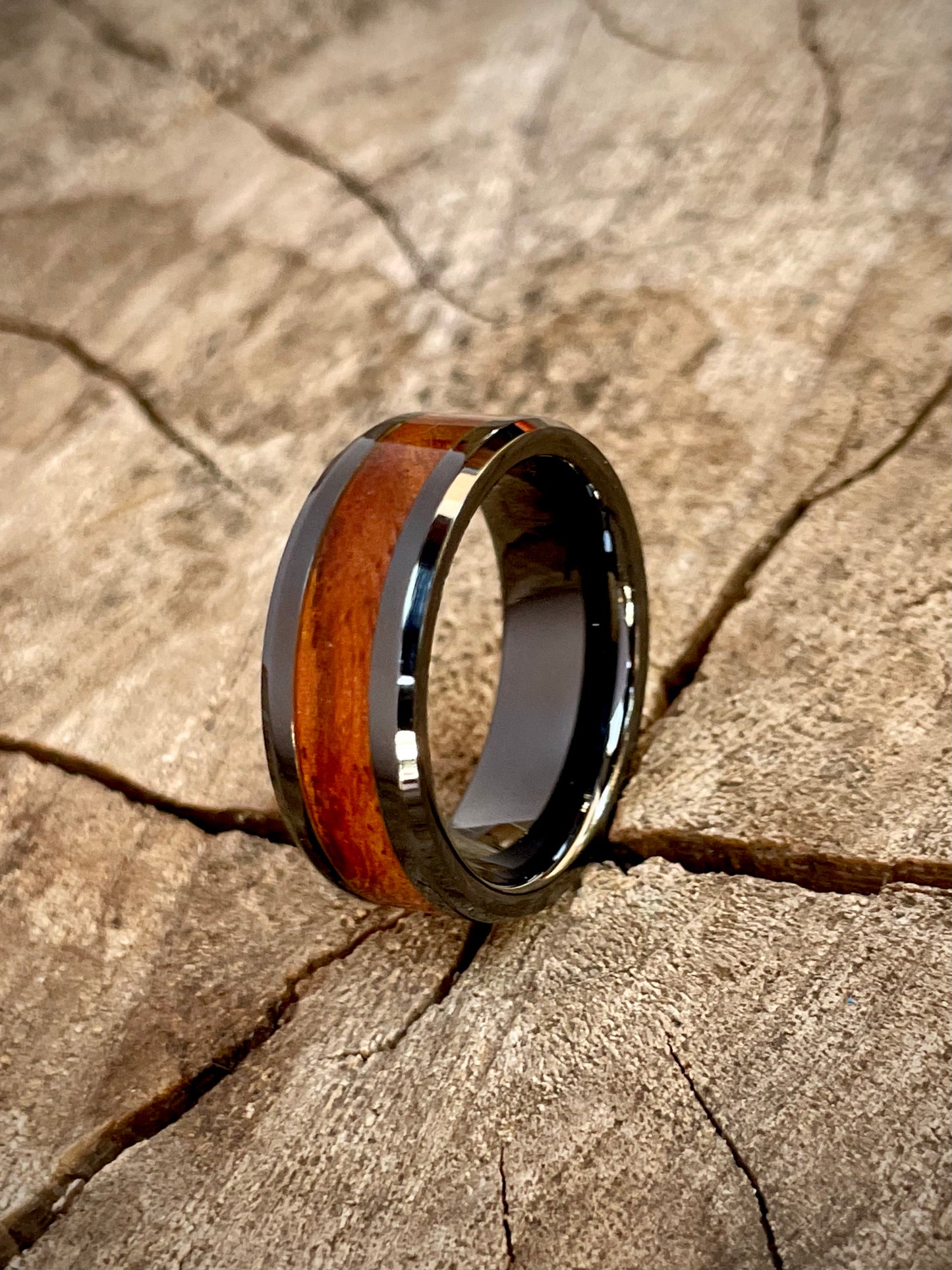 Ceramic Rose Wood Inlay Ring 8mm