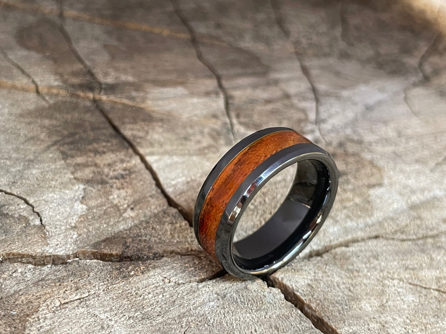 Ceramic Rose Wood Inlay Ring 8mm