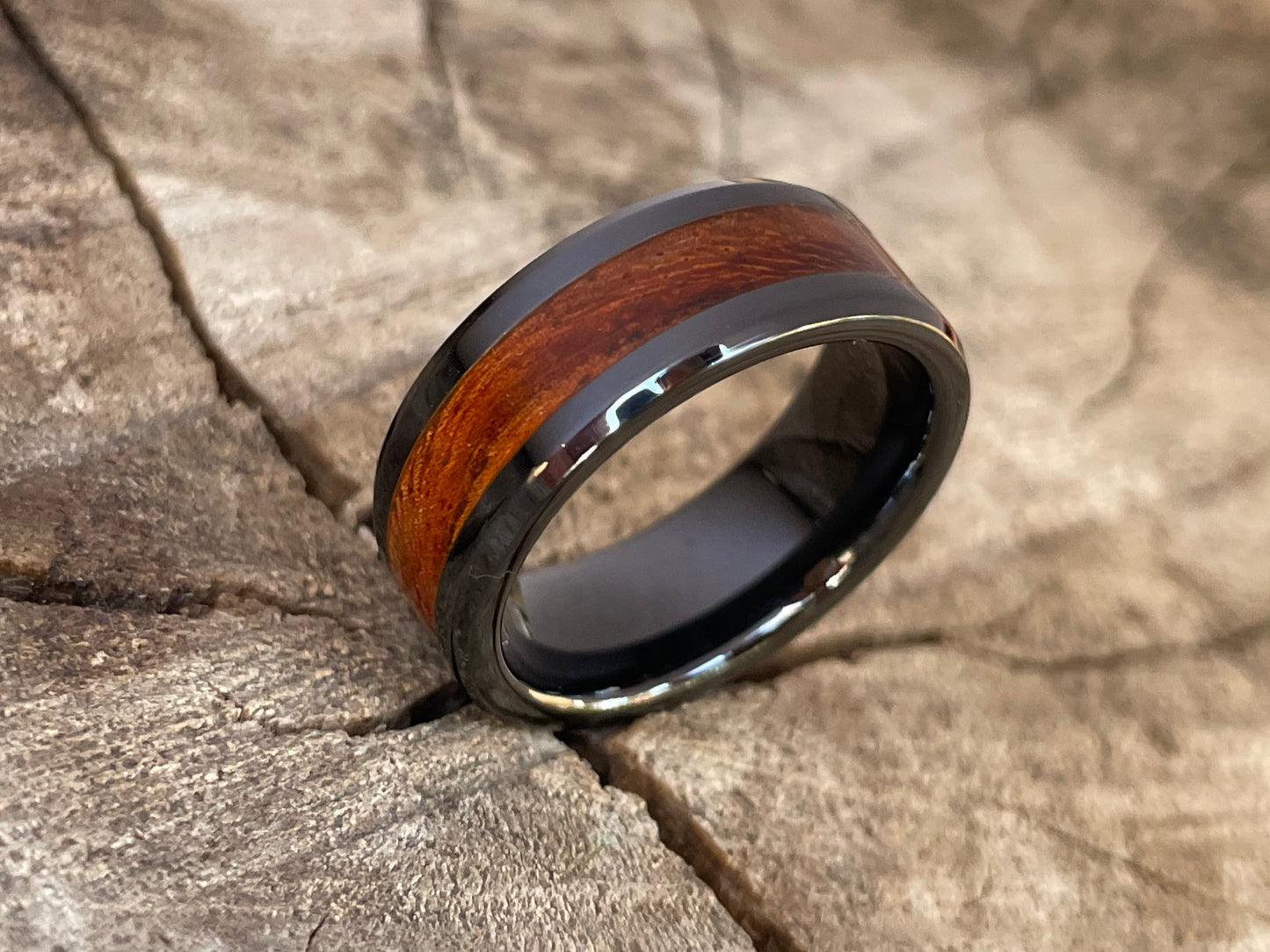 Ceramic Rose Wood Inlay Ring 8mm