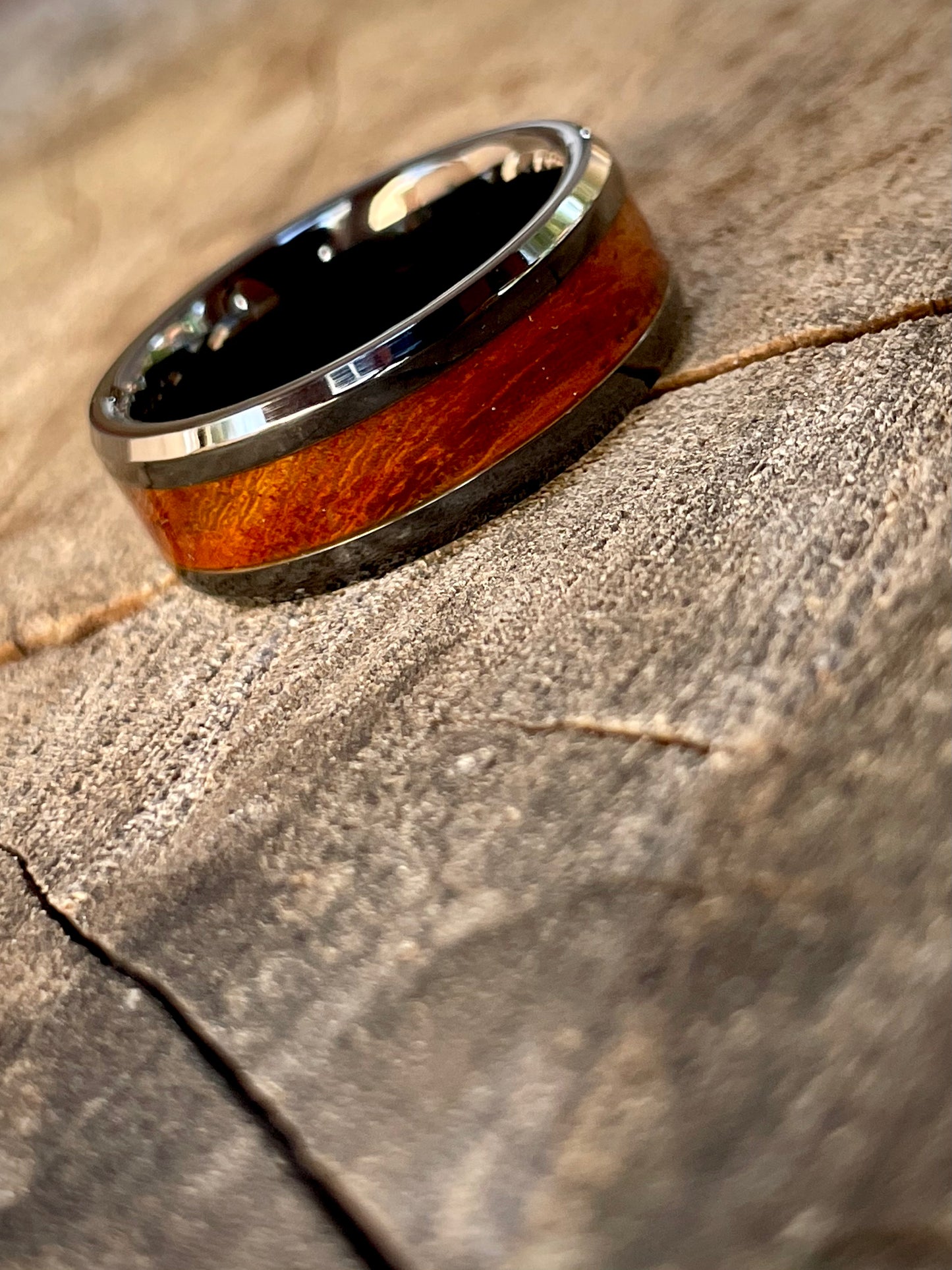 Ceramic Rose Wood Inlay Ring 8mm