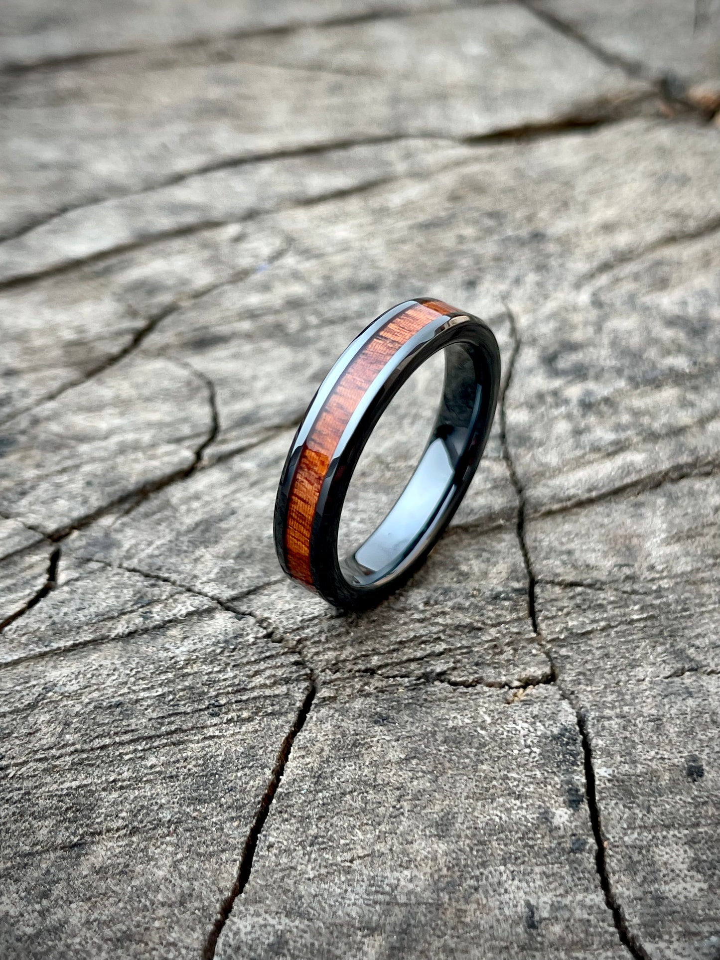 Ceramic Rosewood Inlay Ring 4mm