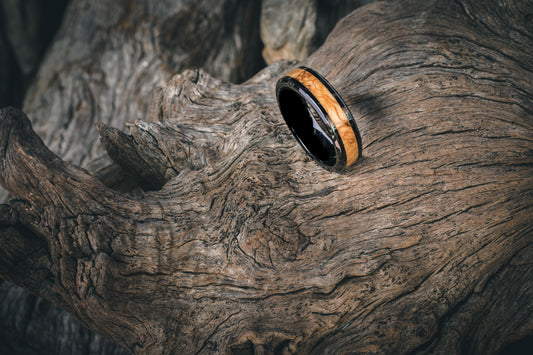 Ceramic Wild Olive Burl Inlay Ring  6mm