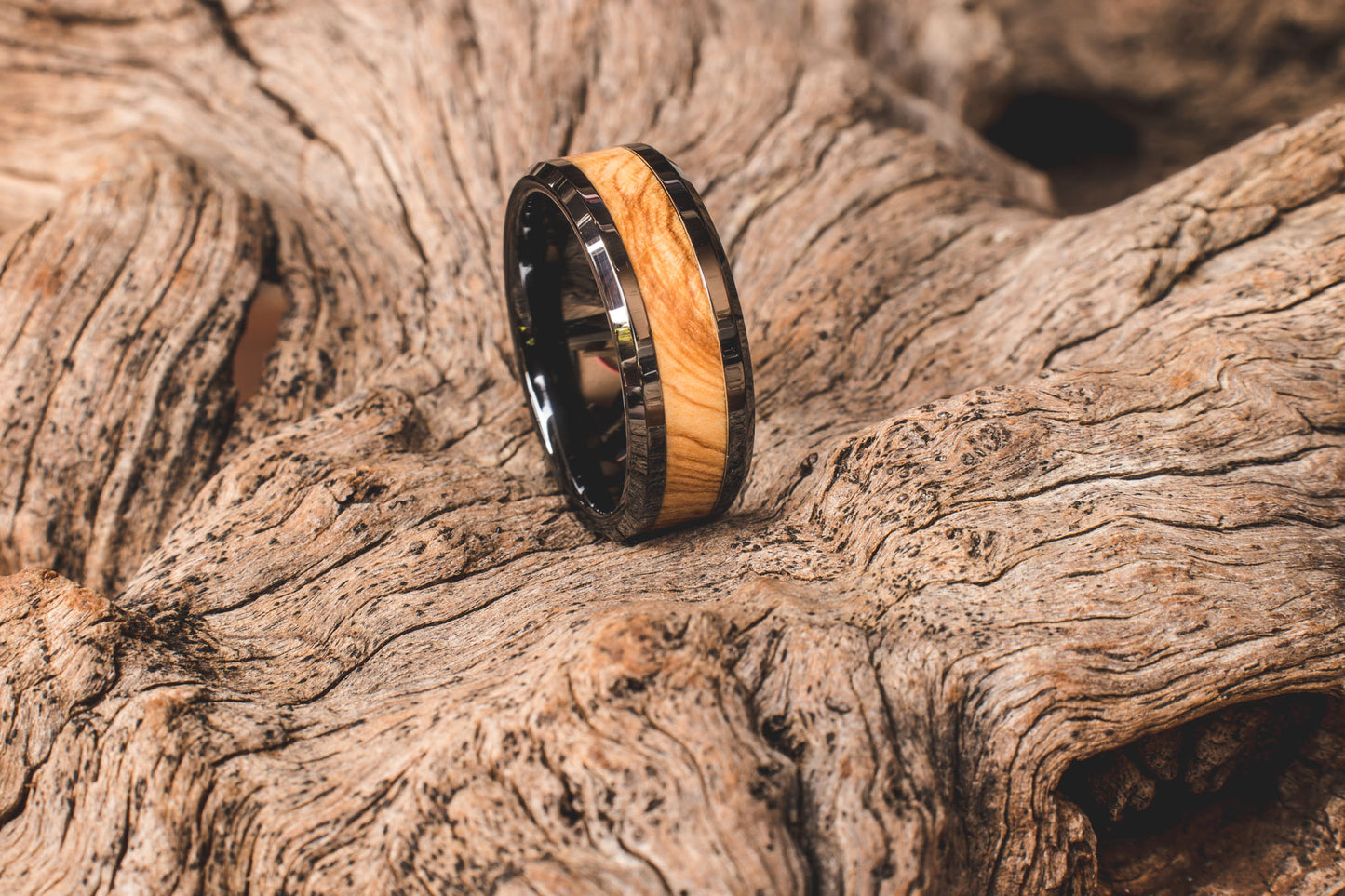Ceramic Wild Olive Burl Inlay Ring 8mm