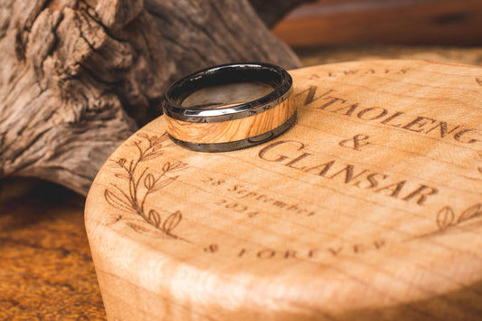 Ceramic Wild Olive Burl Inlay Ring 8mm