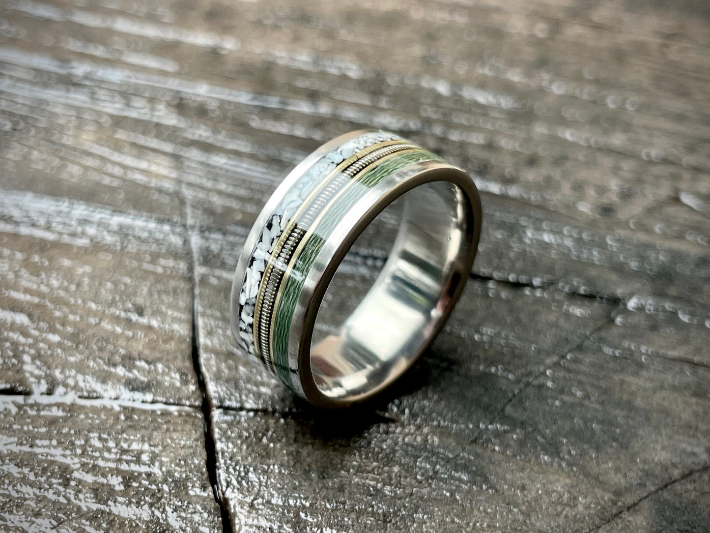 Titanium Custom Fly Fish / Guitar / Bush Pig Tusk Inlay Ring 8mm