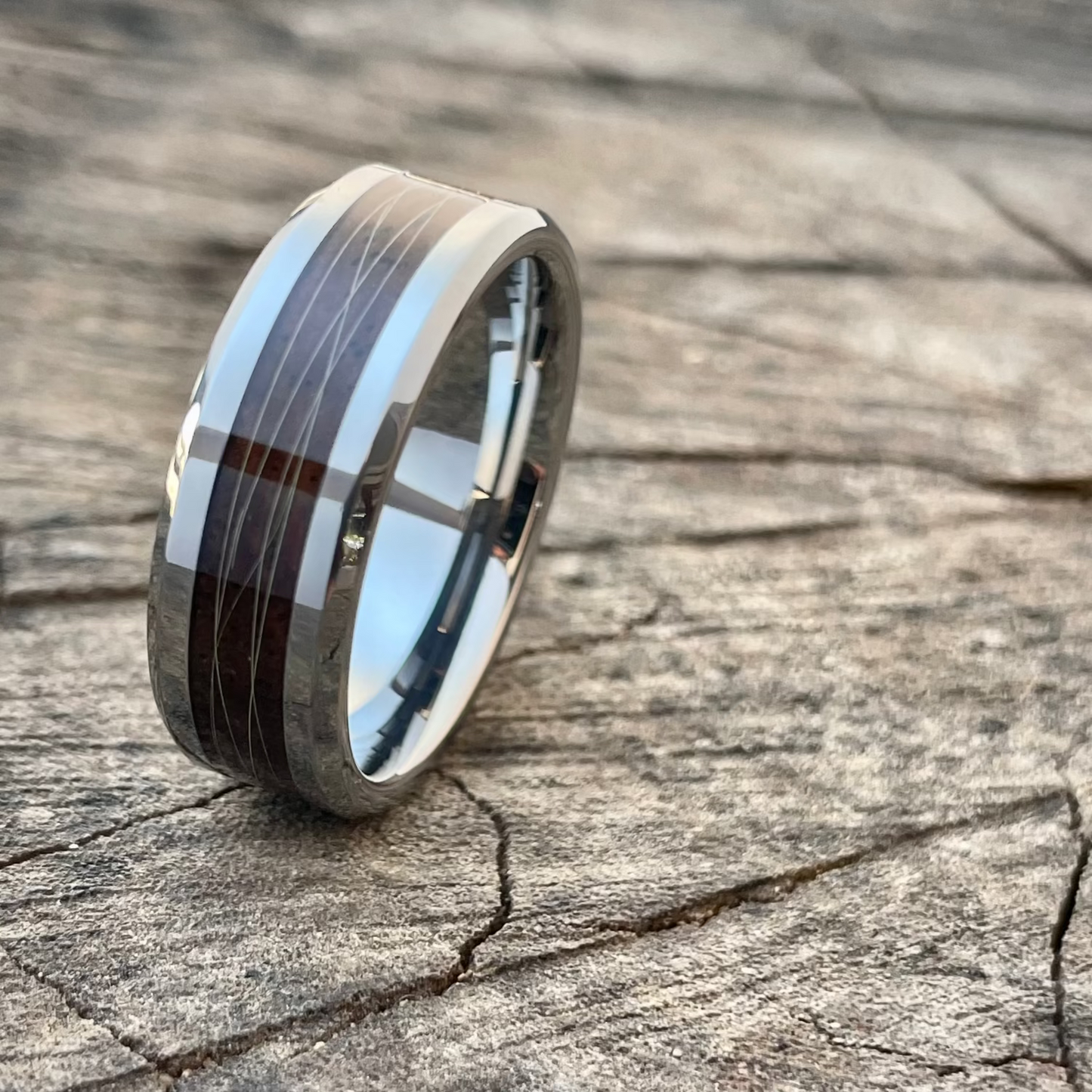 close up of Leadwood and lions mane ring with tungsten core detail