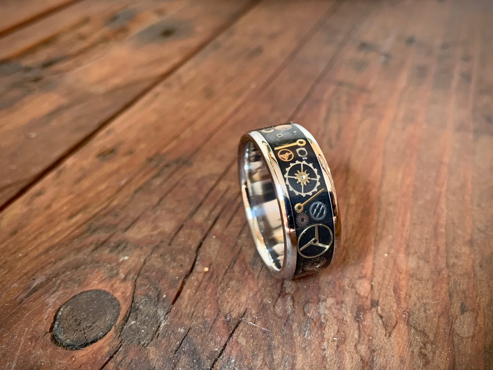 Stainless Steel Steampunk Inlay Ring  10mm