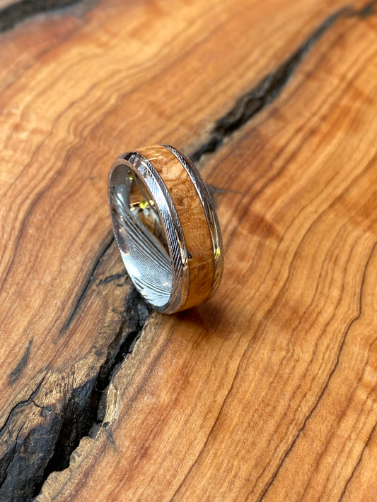 Damascus Wild Olive Inlay Ring  8mm