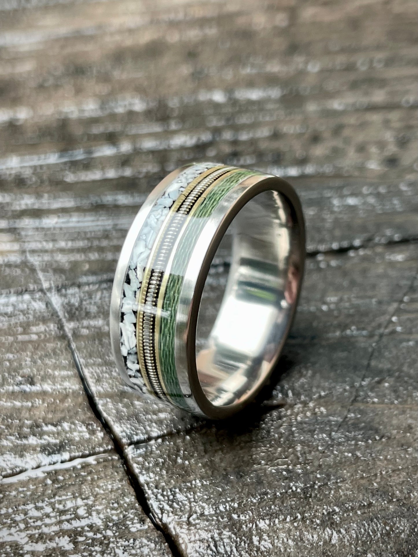 Titanium Custom Fly Fish / Guitar / Bush Pig Tusk Inlay Ring 8mm