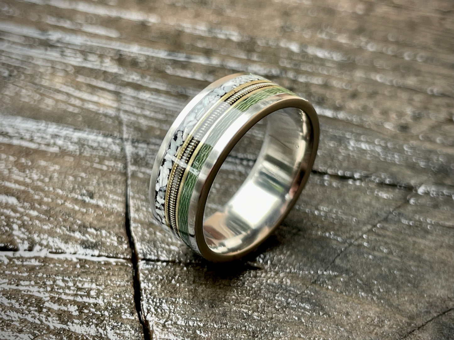 Titanium Custom Fly Fish / Guitar / Bush Pig Tusk Inlay Ring 8mm