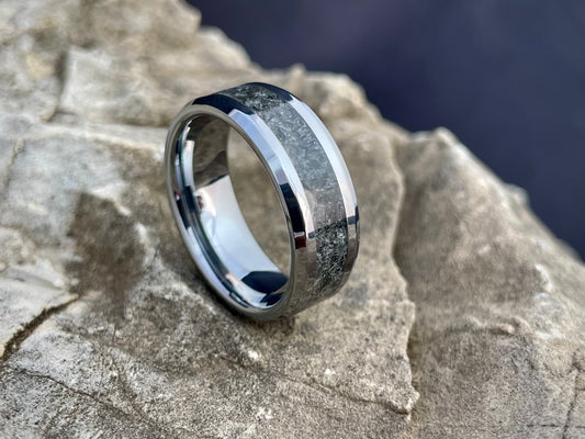Tungsten Carbide Crushed Obsidian Stone Inlay Ring 8mm