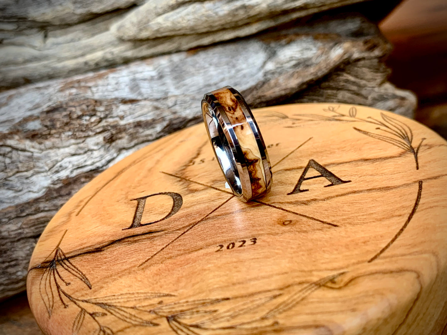 Tungsten Carbide Wild Olive Burl Inlay Ring 6mm