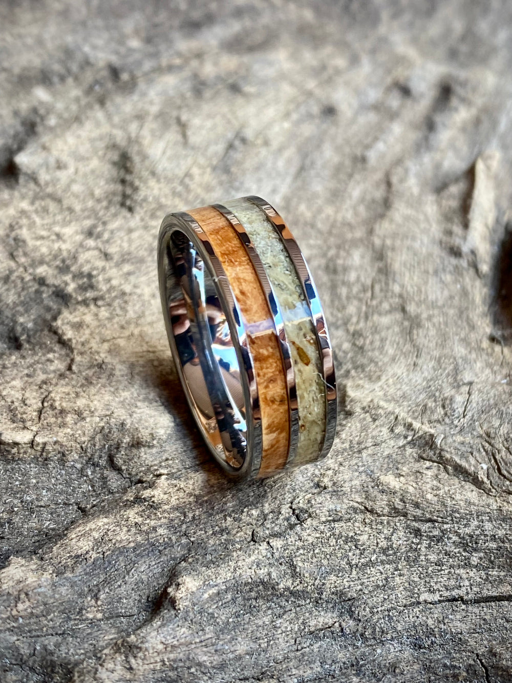 Tungsten Carbide Wild Olive Burl & Wildebeest Horn Inlay Ring 8mm