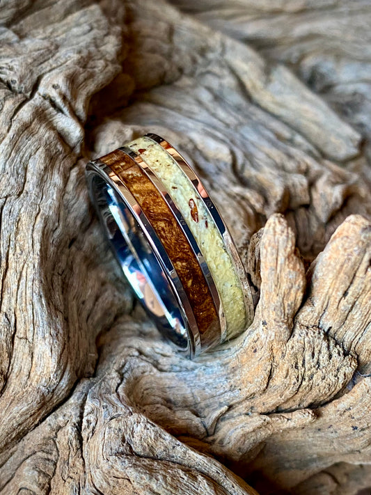 Tungsten Carbide Wild Olive Burl & Wildebeest Horn Inlay Ring 8mm