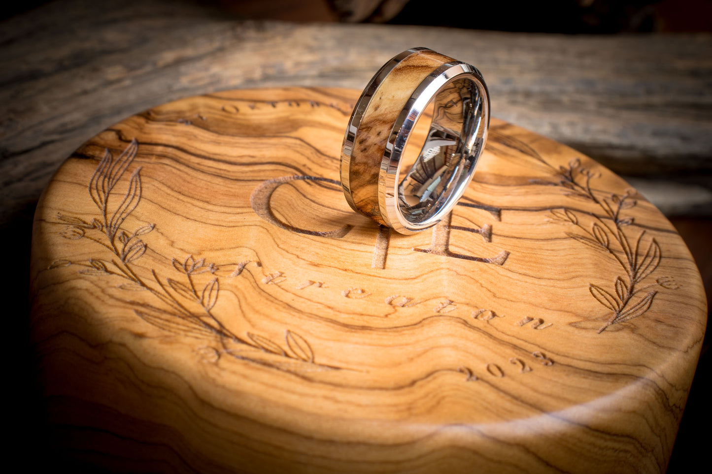 Tungsten Carbide Wild Olive Burl Inlay Ring 8mm