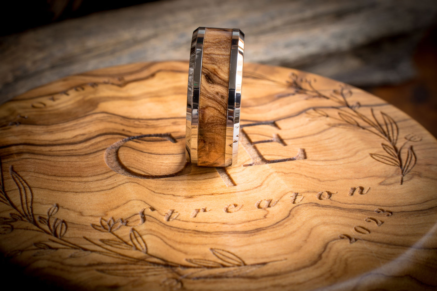 Tungsten Carbide Wild Olive Burl Inlay Ring 8mm