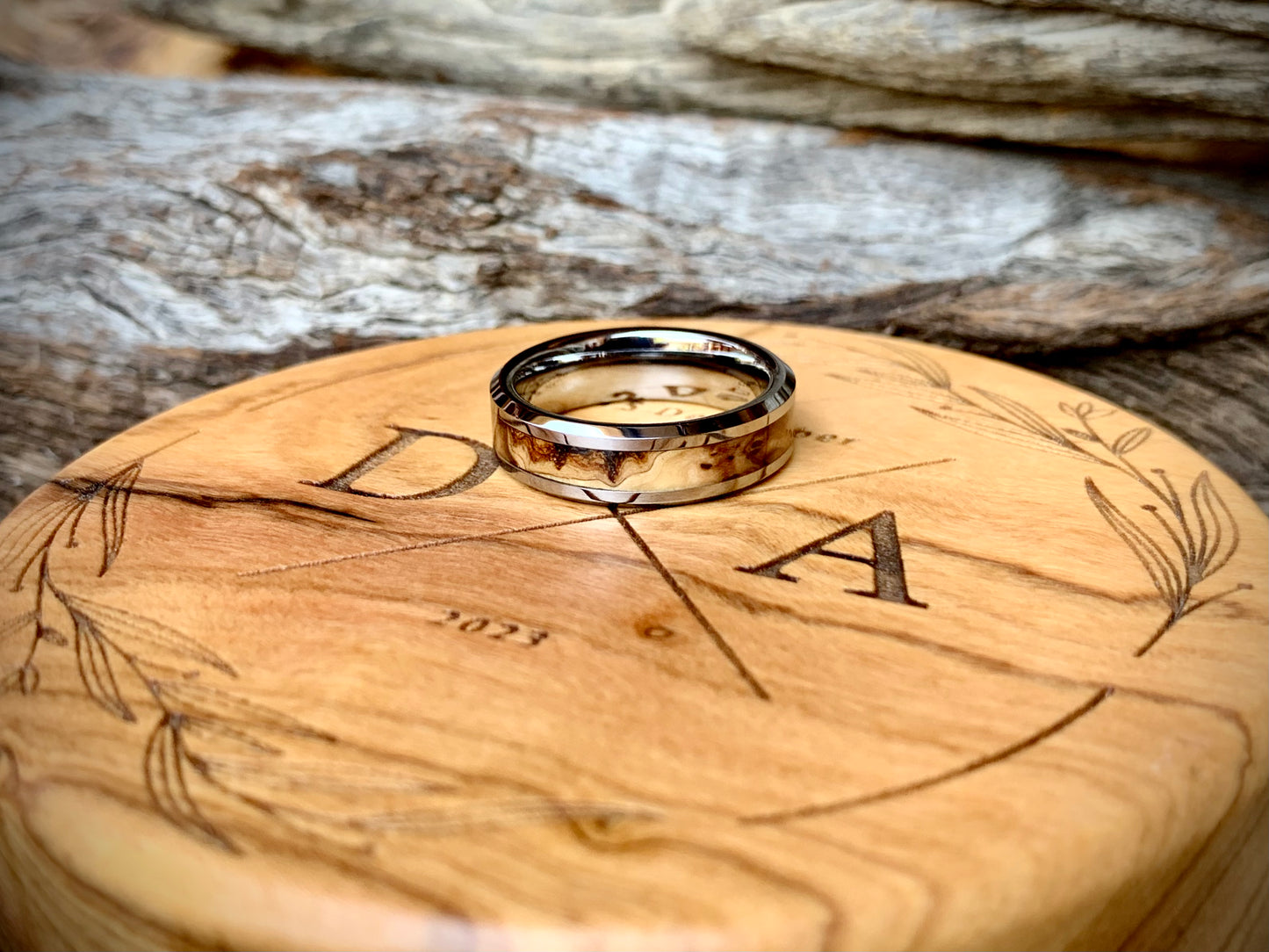 Tungsten Carbide Wild Olive Burl Inlay Ring 6mm