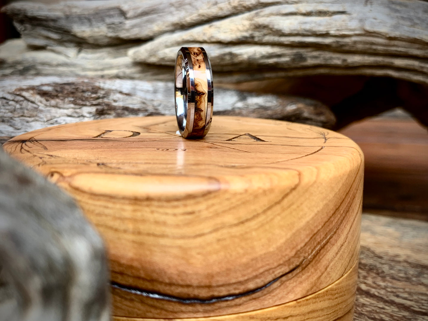 Tungsten Carbide Wild Olive Burl Inlay Ring 6mm