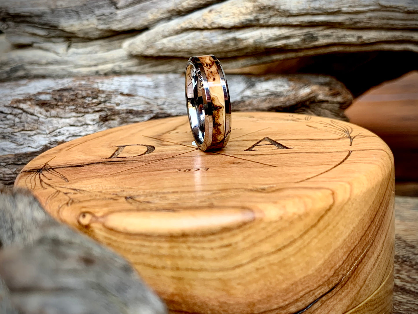 Tungsten Carbide Wild Olive Burl Inlay Ring 6mm