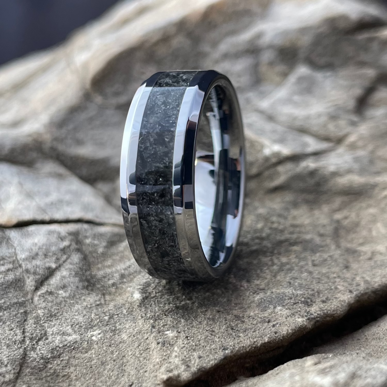Black crushed obsidian inlay ring with tungsten carbide core 8mm