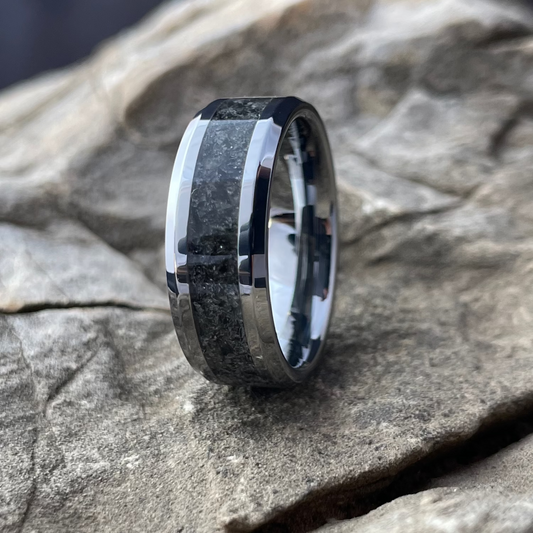 Black crushed obsidian inlay ring with tungsten carbide core 8mm