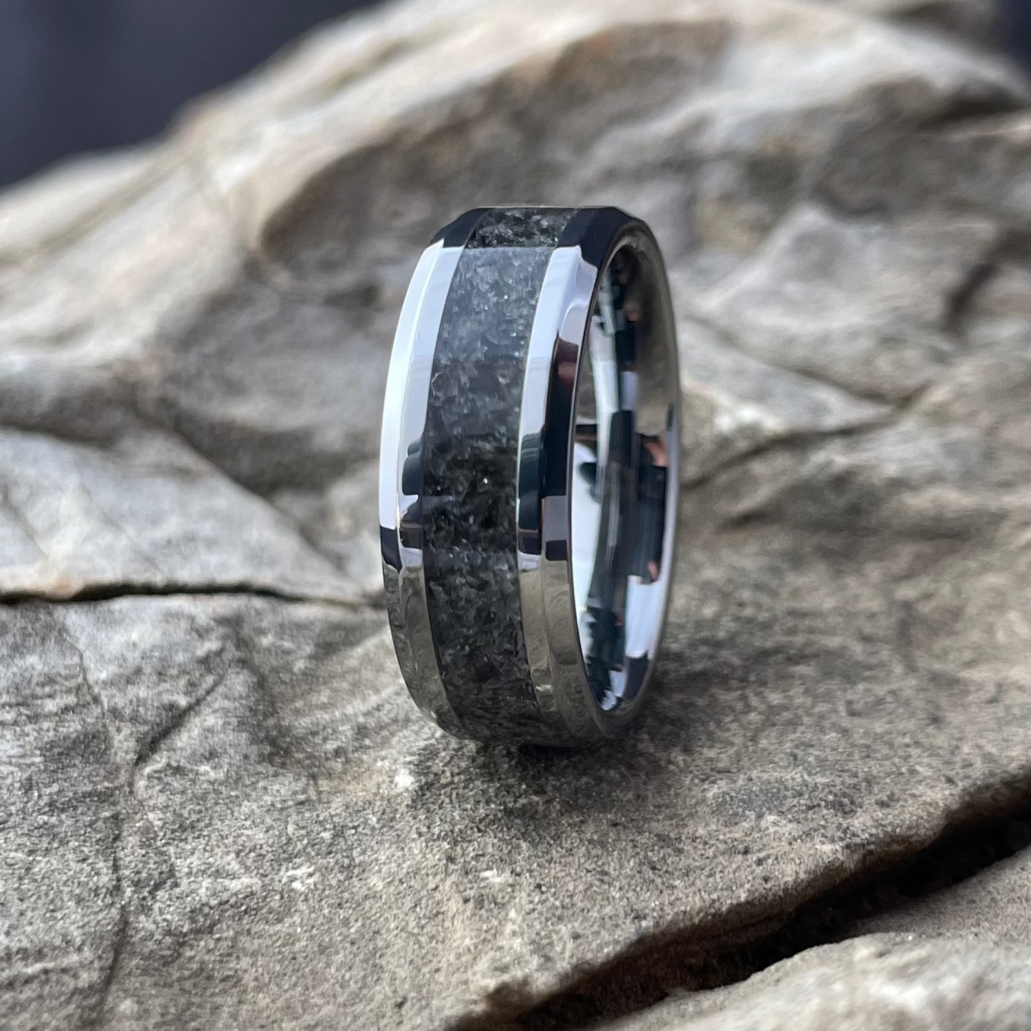 Tungsten carbide ring with crushed obsidian stone inlay 8mm band